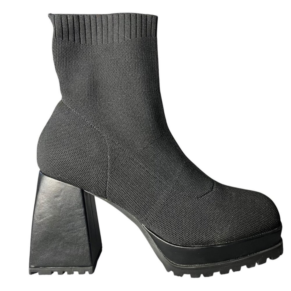 Womens 8.5 Sock Boots Platform Chunky Heel Booties Square Toe Slip On Black - Picture 7 of 9